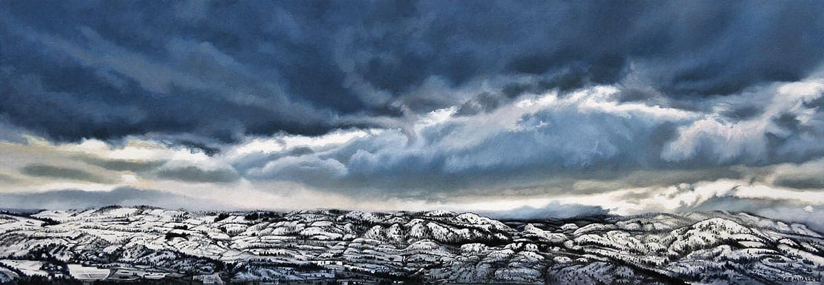 Kelowna, realism, Calgary, artist residency, winter scene, light, landscape, cloudy, panorama, drama, dramatic sky, blue