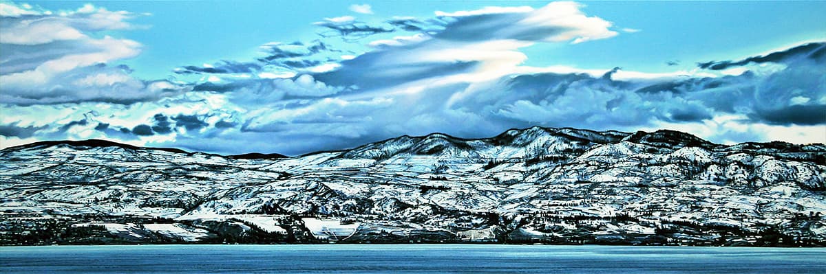 Kelowna, realism, Calgary, artist residency, winter scene, light, landscape, cloudy, panorama, bright skies, hillside, winery