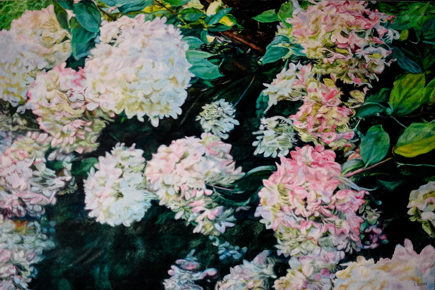 still life, hydrangeas, realism, digital, drapery, dramatic lighting, Chiaroscuro, garden