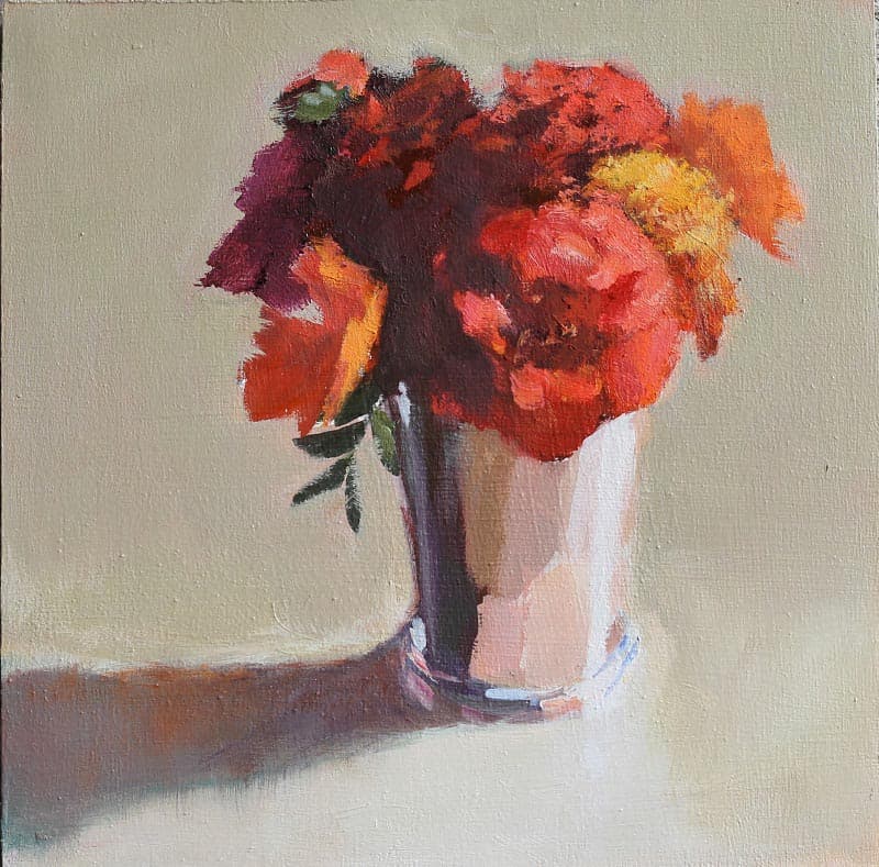 bouquet, flowers, plein-air, in situ, red flowers, edible, shadow, off centre