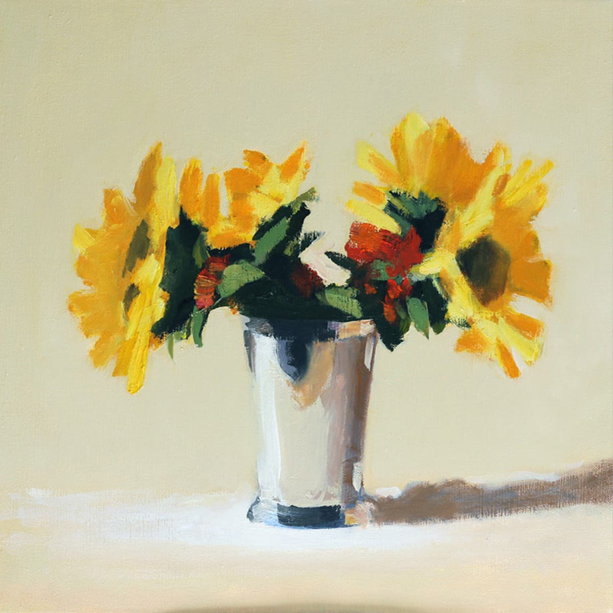 bouquet, flowers, plein-air, in situ, silver, container, still life, sunflowers, small, cluster four