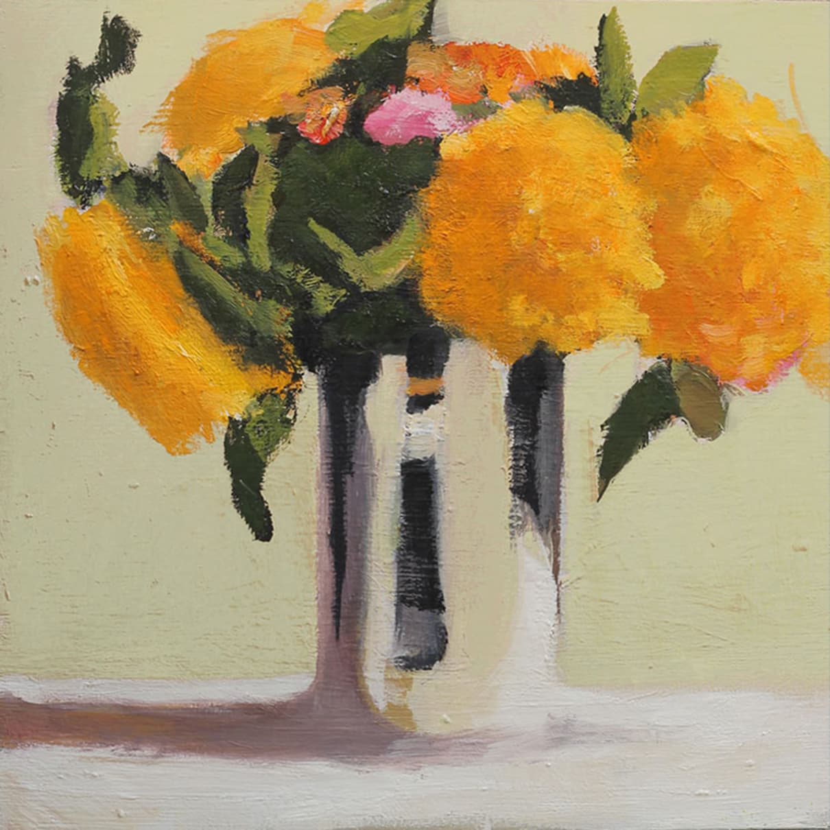 bouquet, flowers, plein-air, in situ, vase, silver, yellow marigold