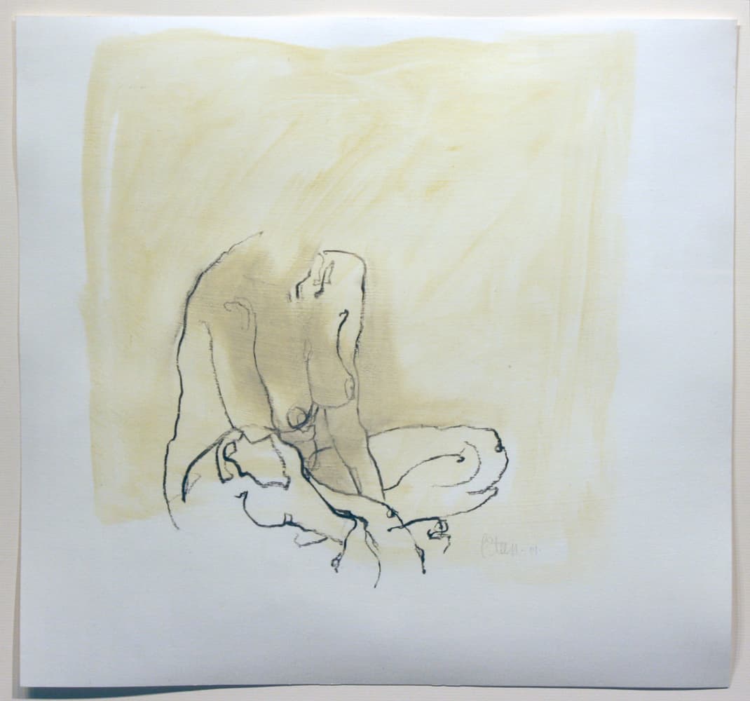 drawing, mark-making, figure, life drawing, Calgary, blind line drawing, downward gaze, nude, side, crossed, sketch