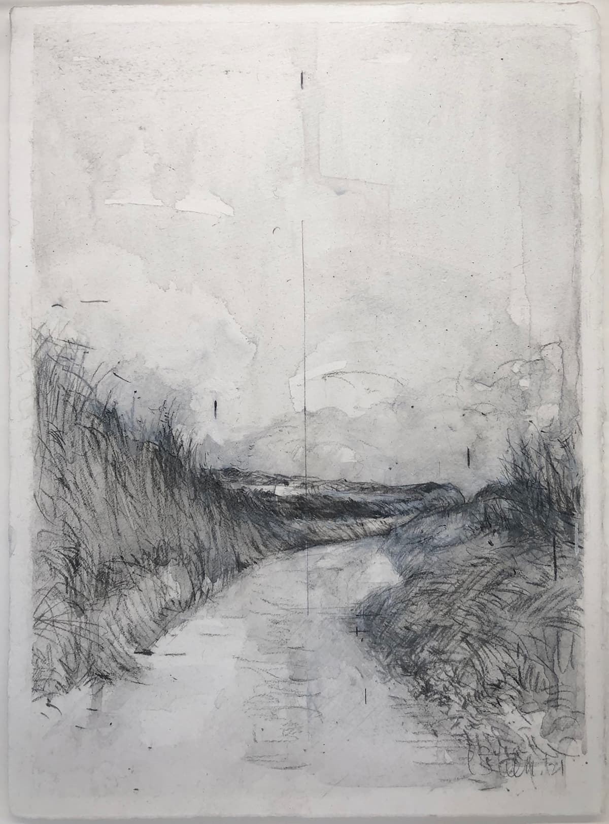 drawing, mark-making, road, countryside, England, charcoal, watercolor, laneway