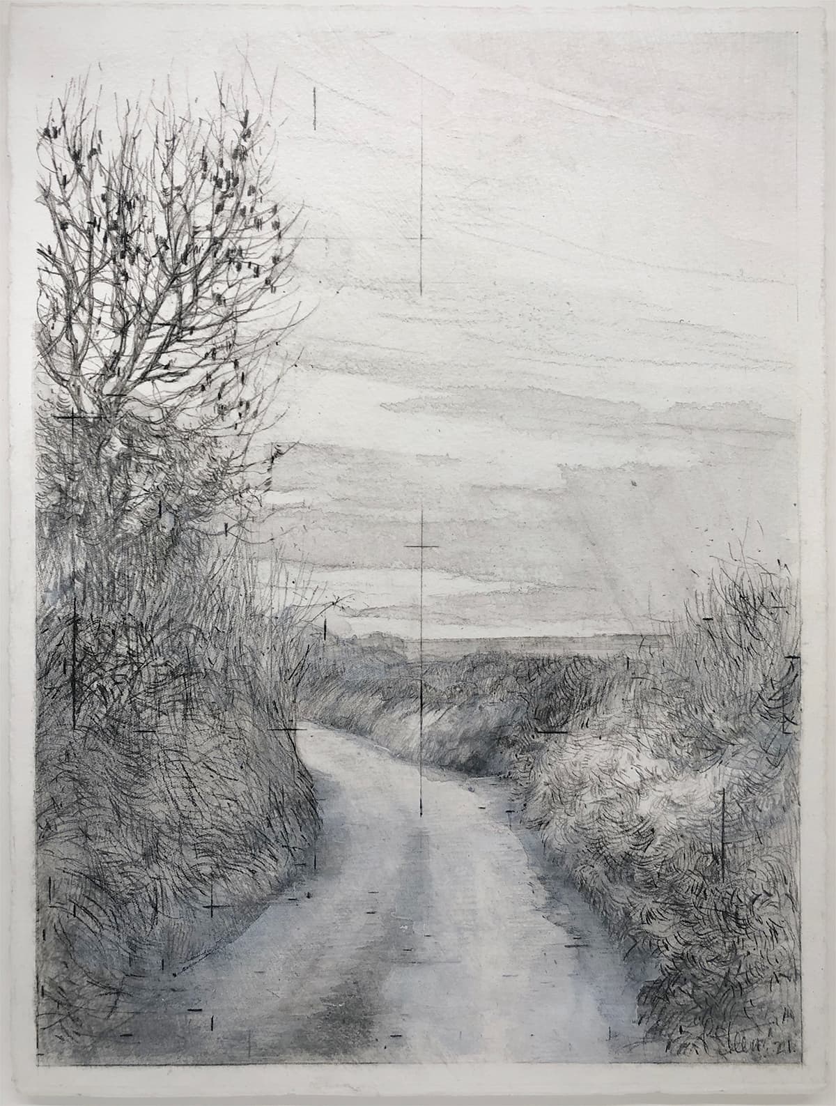 drawing, mark-making, road, countryside, England, exploration, curve, distance, watercolor