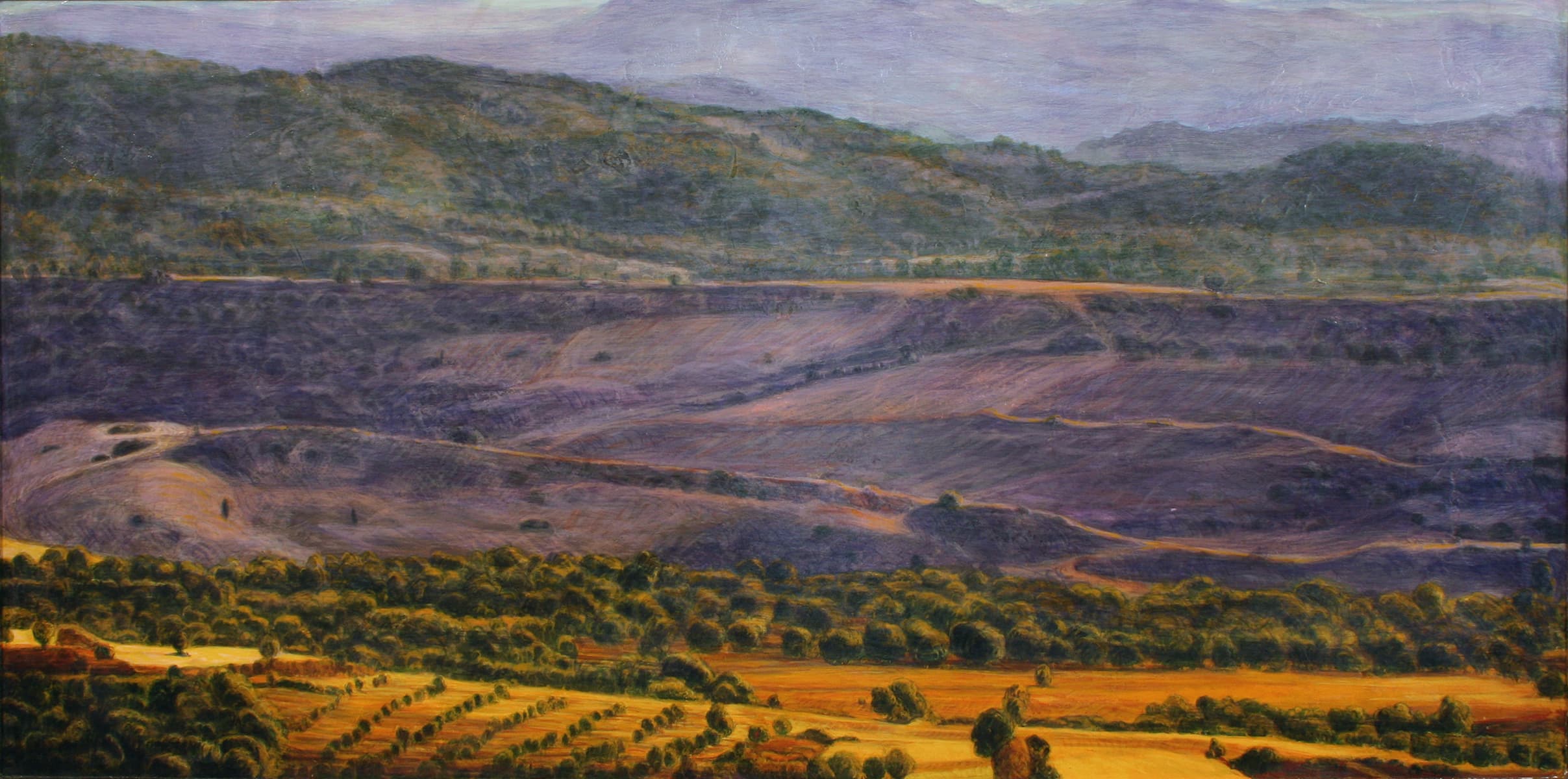 Cypress, landscape, mural, large, fresco, vertical, hills, translucent  purple hues, hills, massive