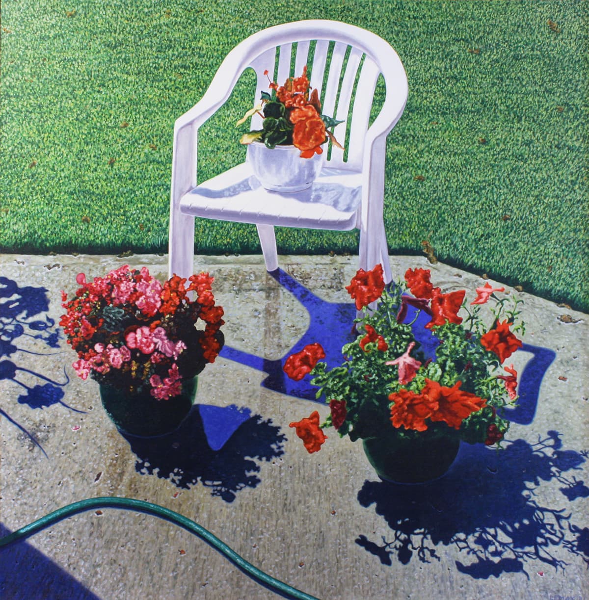 garden, geraniums, chair