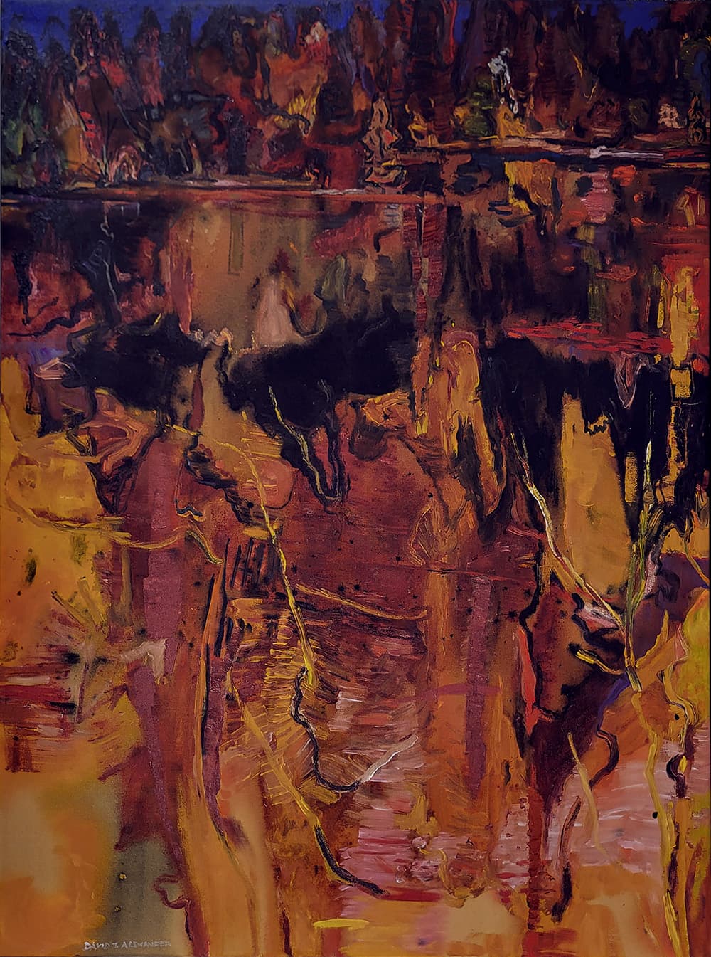 British Columbia, Saskatchewan, mountains, yellow, strata, green, impressionism, moody, headwall, red, night