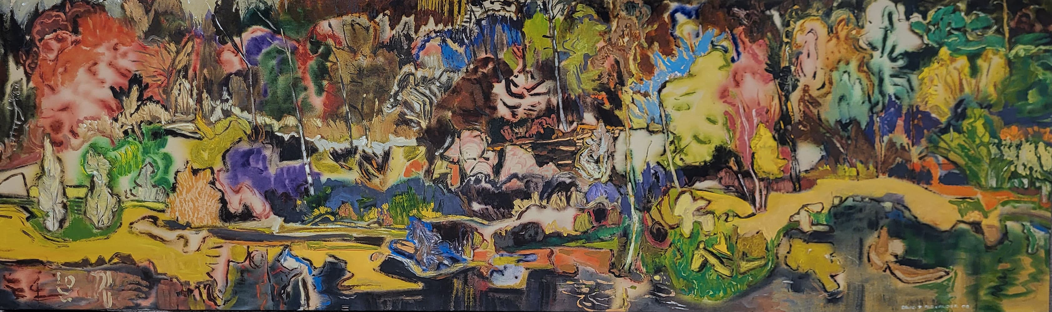 British Columbia, Saskatchewan, mountains, yellow, strata, green, impressionism, moody, headwall, foliage