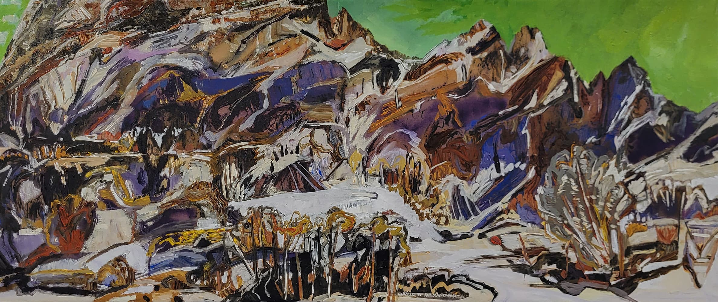 British Columbia, Saskatchewan, mountains, yellow, strata, green, impressionism, moody, headwall, Lake Ohara