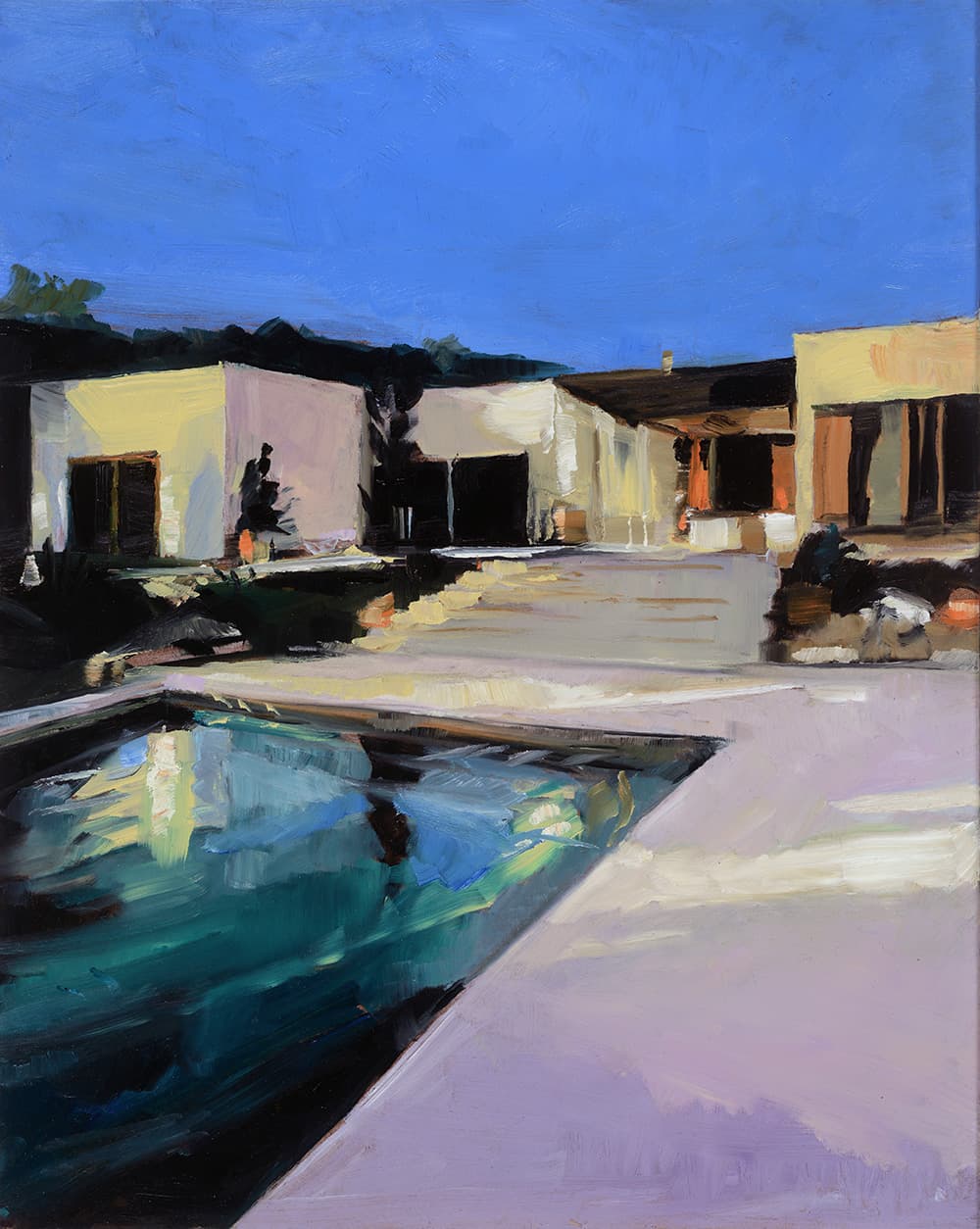 oil, landscape, stark, abstraction, Ontario, United Kingdom, bold, blue & purple skies, pool, hockney