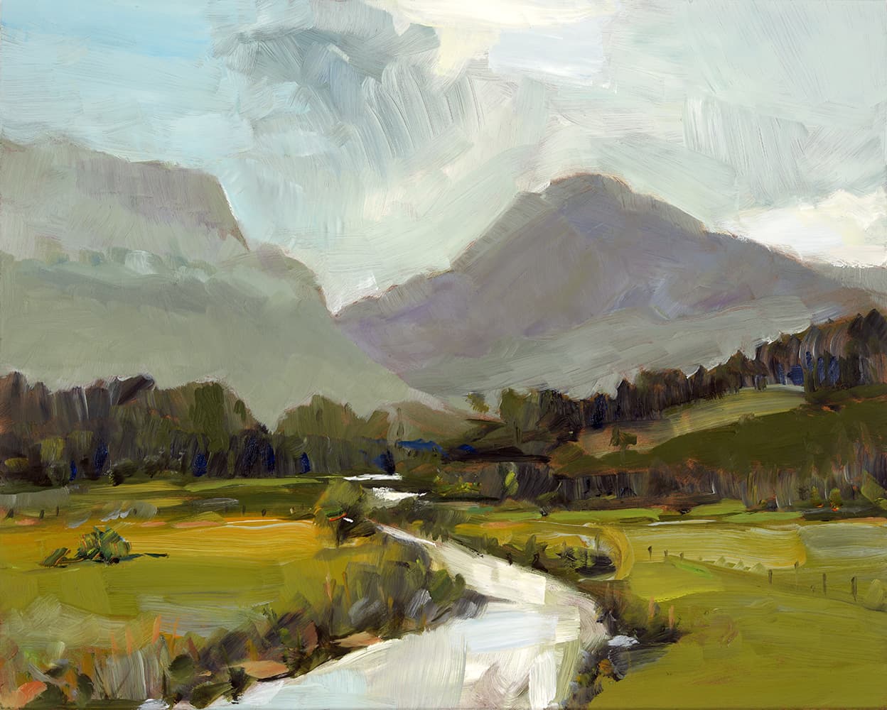 oil, landscape, stark, abstraction, Ontario, United Kingdom, bold, blue & purple skies, river