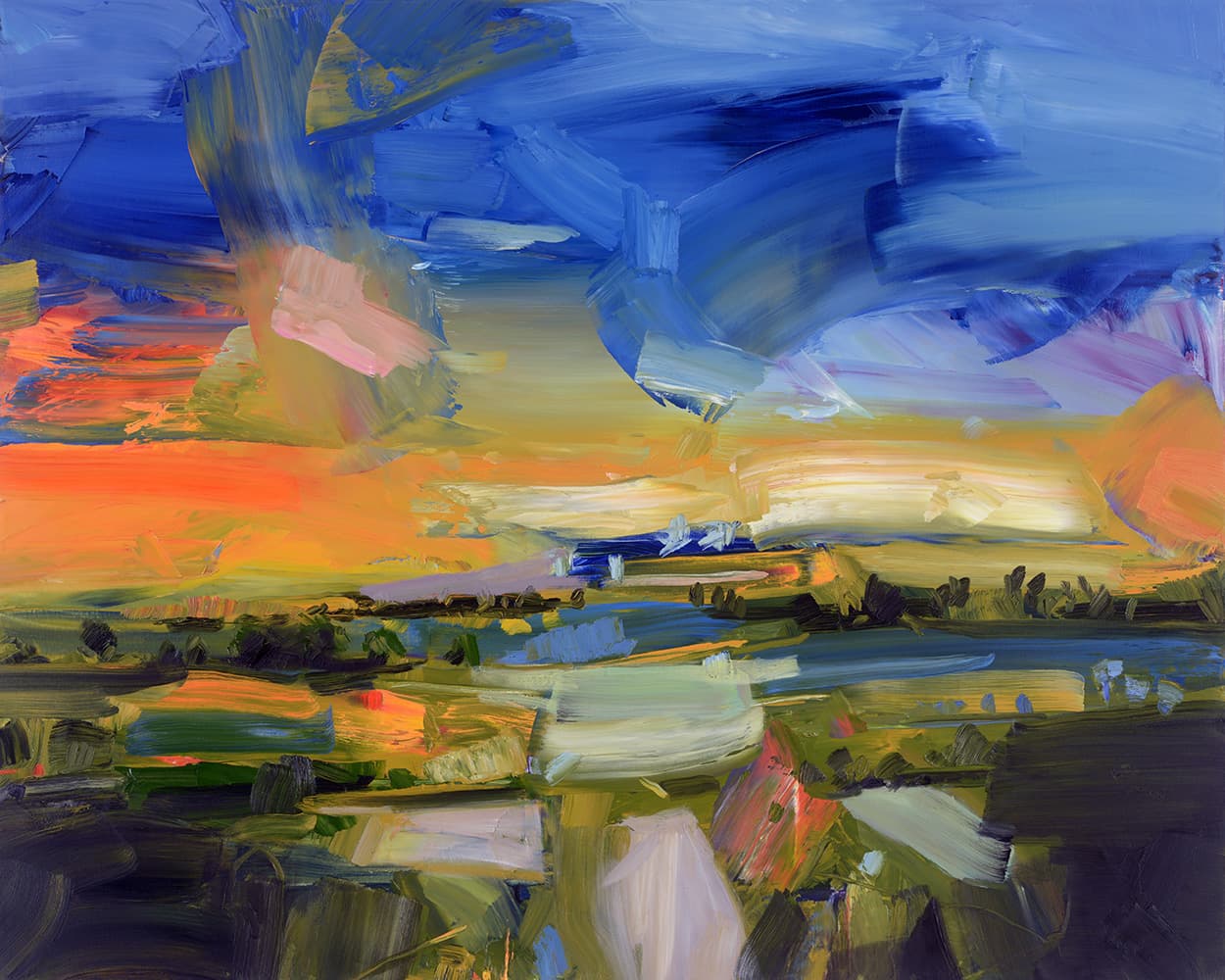 oil, landscape, stark, abstraction, Ontario, United Kingdom, bold, blue & purple skies, orange