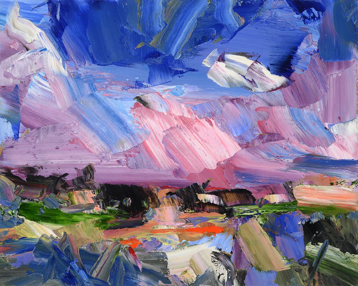 oil, landscape, stark, abstraction, Ontario, United Kingdom, bold, blue & purple skies, pink