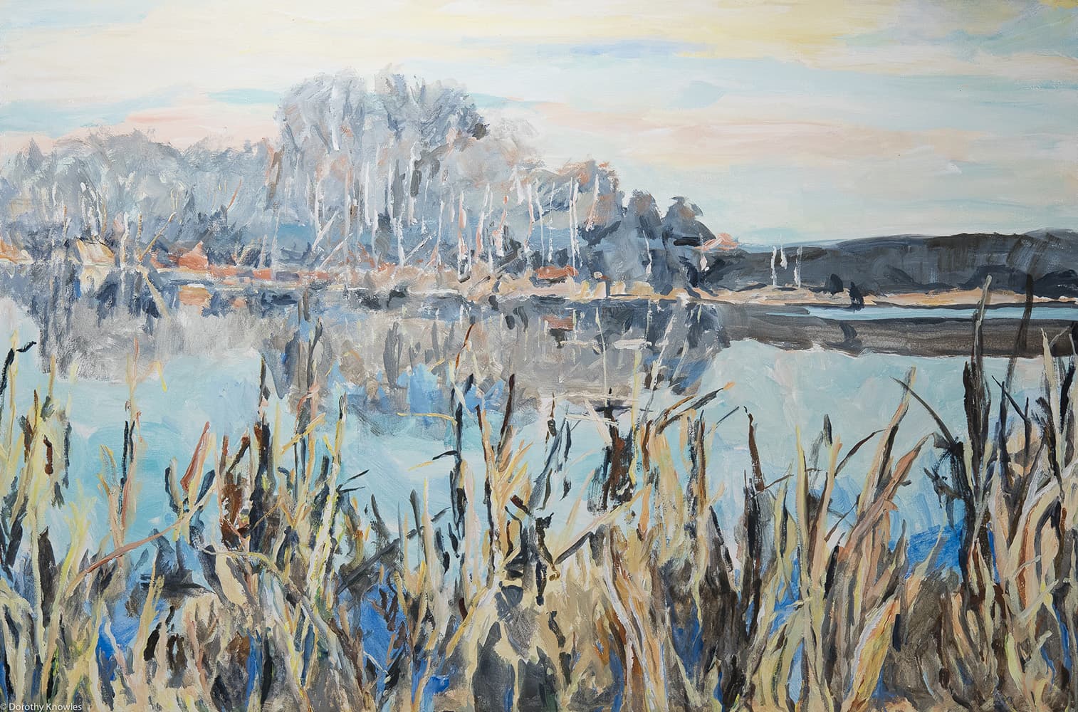 Emma Lake, Saskatoon, Saskatchewan, river, slew, clouds, impressionism, bull rush