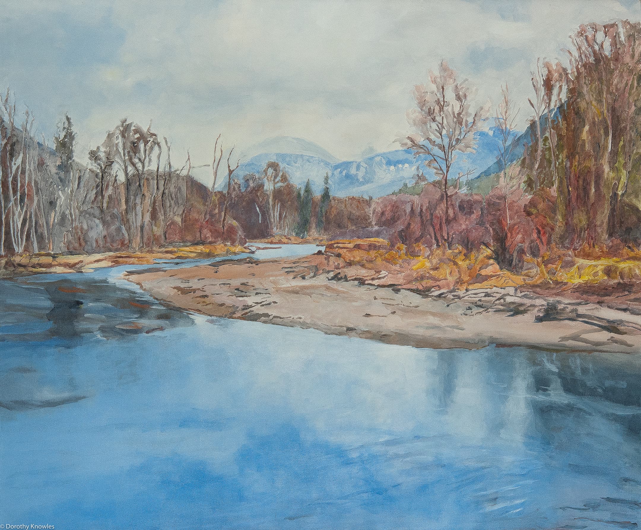 Emma Lake, Saskatoon, Saskatchewan, river, mountain, sky, impressionism, sandbar