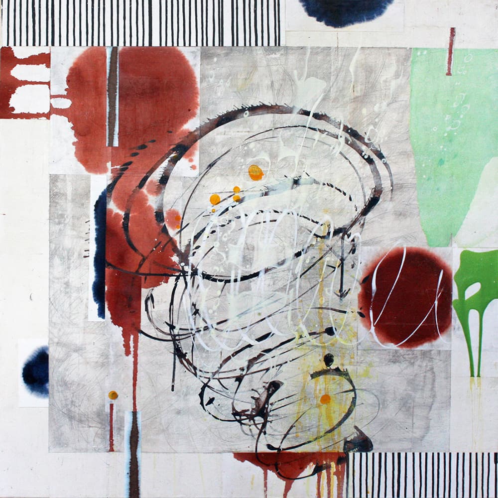 Abstraction, orange, blue, collage, spiral, mint green