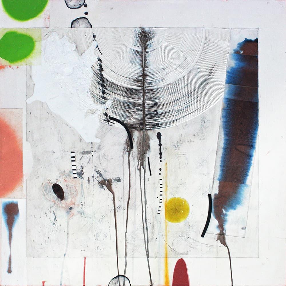 Abstraction, orange, collage, swooping circles, green, black staining