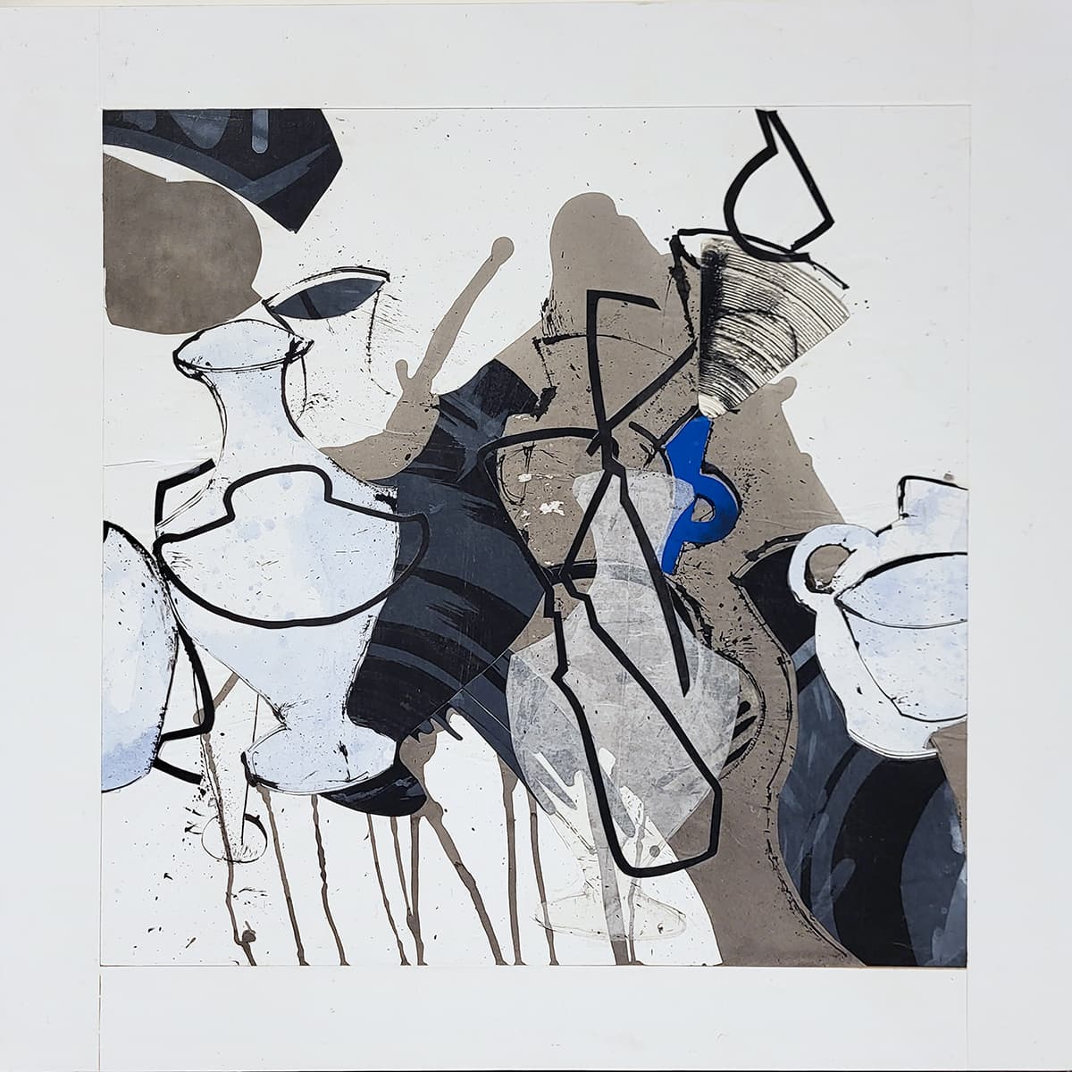 Abstraction, orange, blue, collage, tones, olive green, black, contour