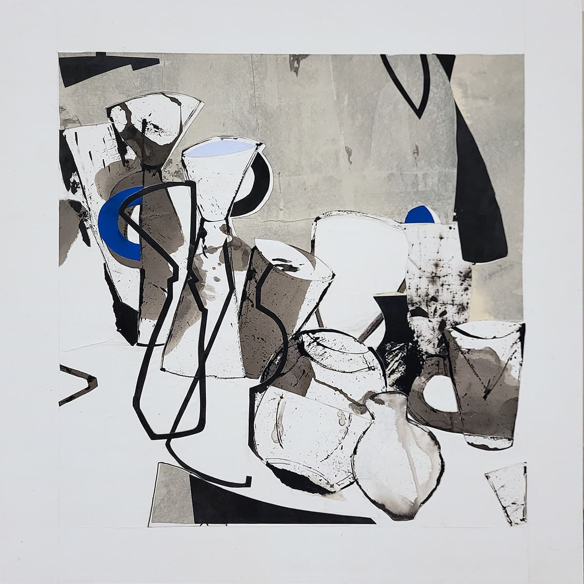 Abstraction, orange, blue, collage, tones, olive green, black, contour