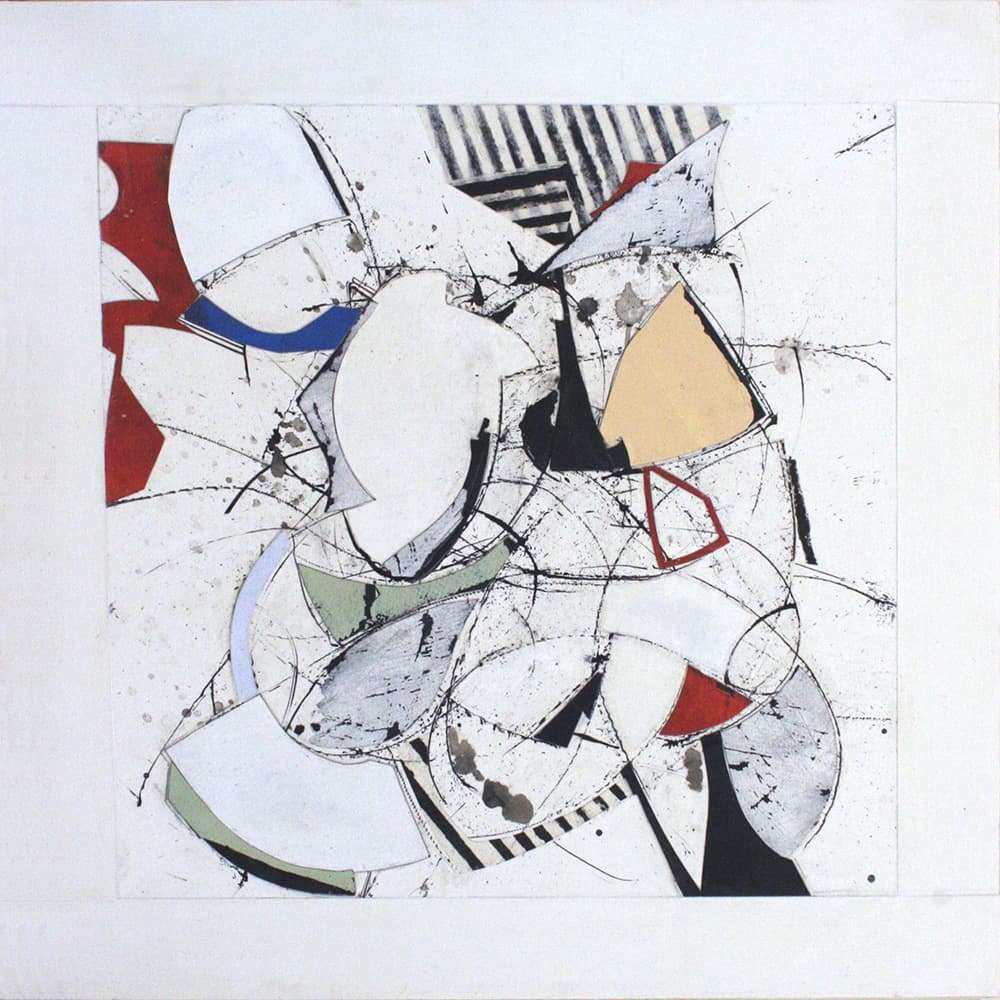 Abstraction, orange, blue, collage, tones, olive green, red, flow