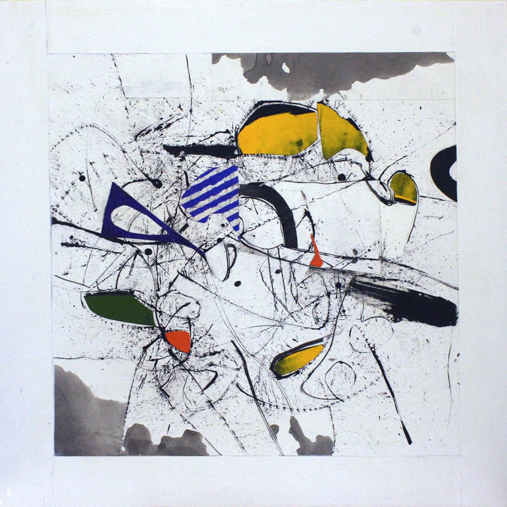 Abstraction, yellow, blue, collage, tones, olive green, form, lines