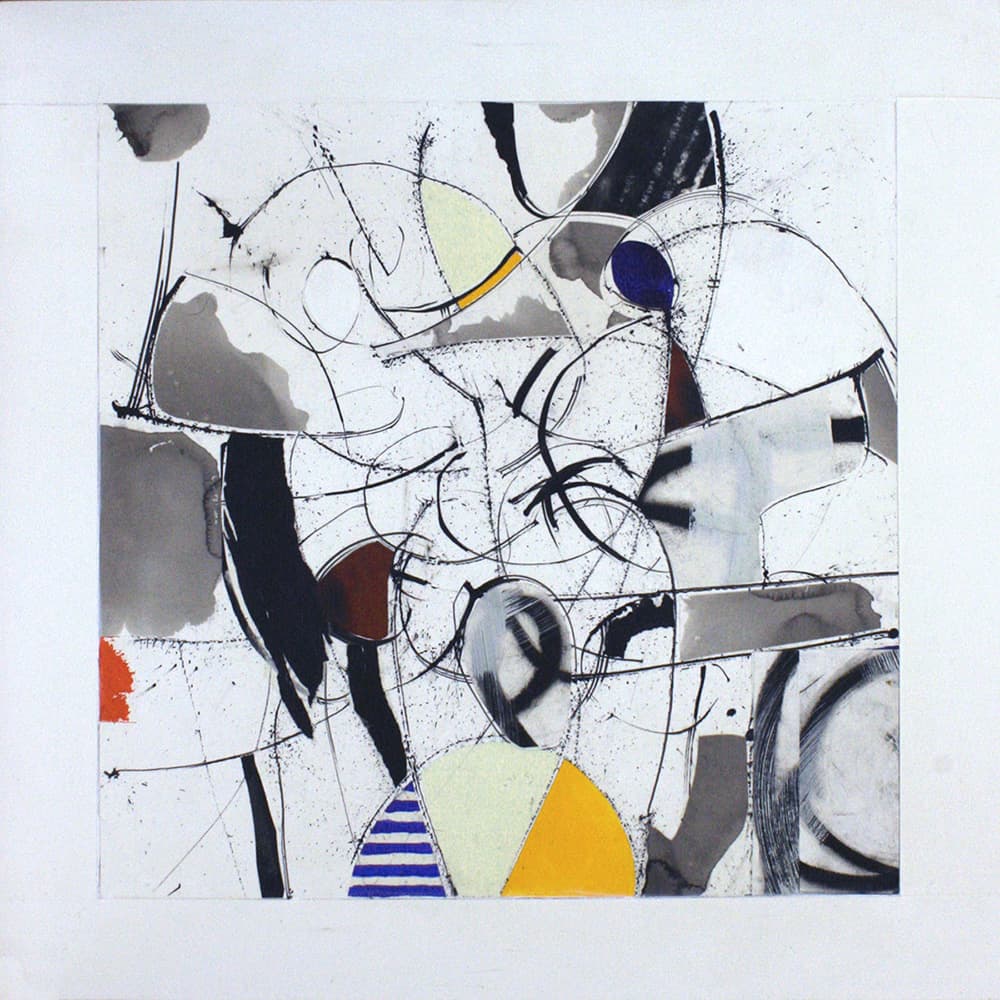 Abstraction, orange, blue, collage, tones, olive green, yellow, staining