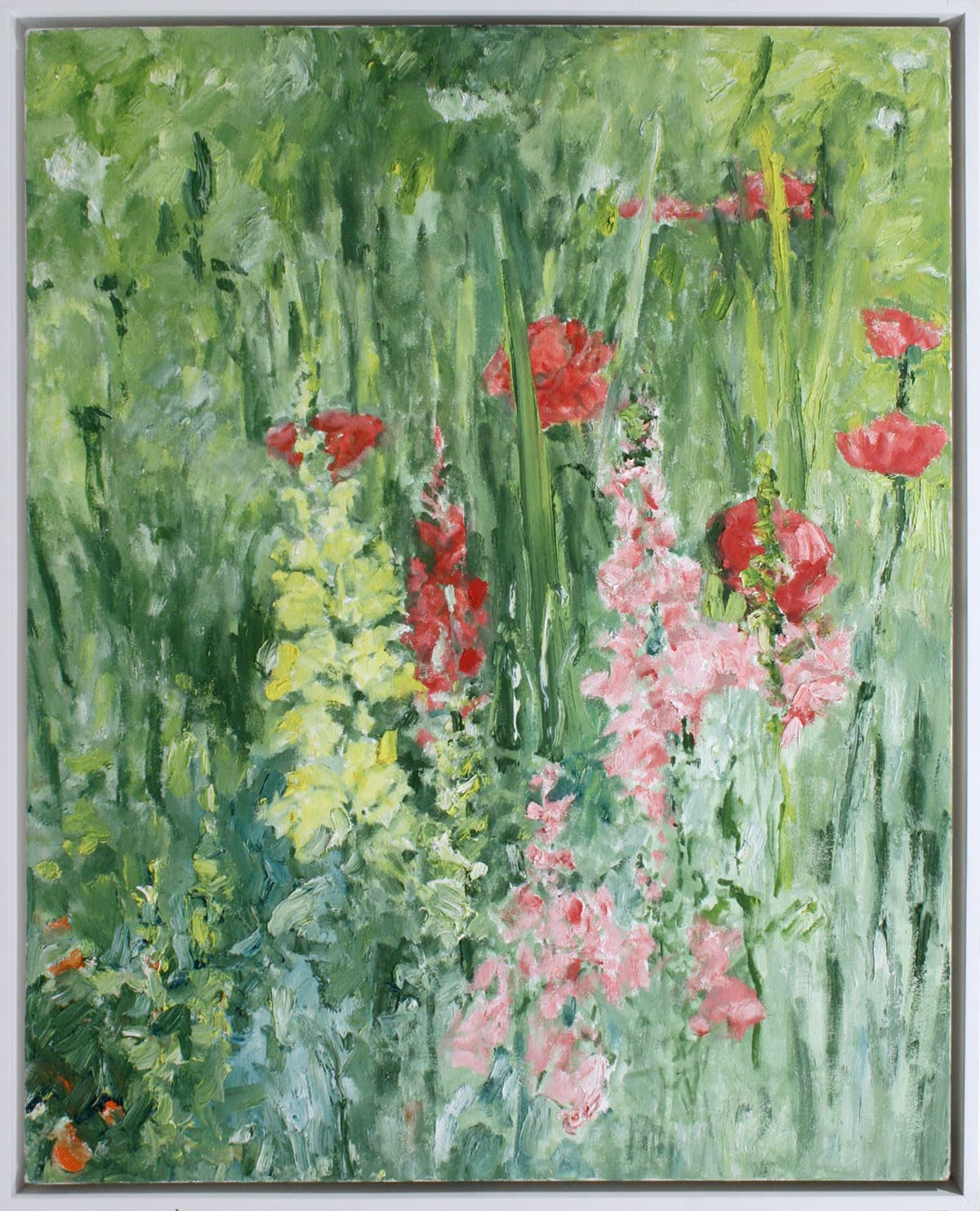 summer garden, snapdragons, peonies, flowers, yellow, pink, red, green, field, impressionism