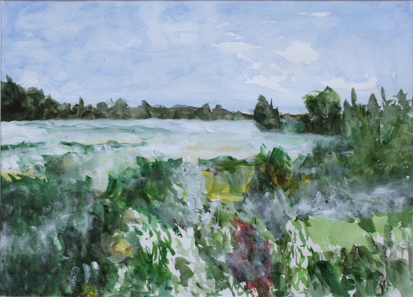 Emma Lake, Saskatoon, Saskatchewan, river, mountain, sky, impressionism,