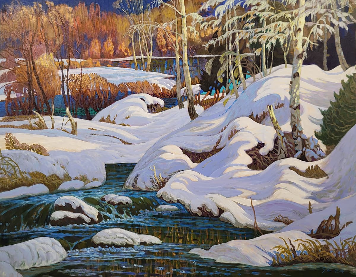 Ontario, Impressionism, Szechuan, landscape, vivid, marsh, River, flow, snow, winter, fall, stream, texture