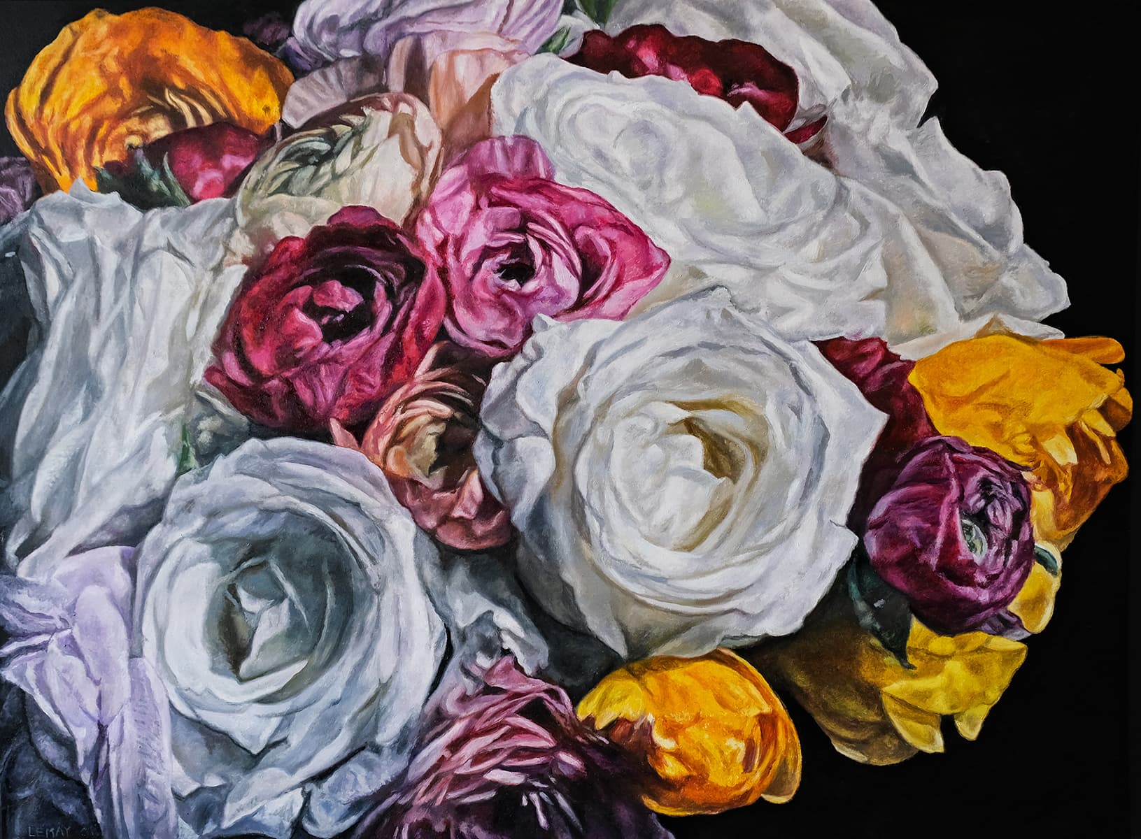 flowers, peonies, Rembrandt, oil paintings, Roses, realism, purple