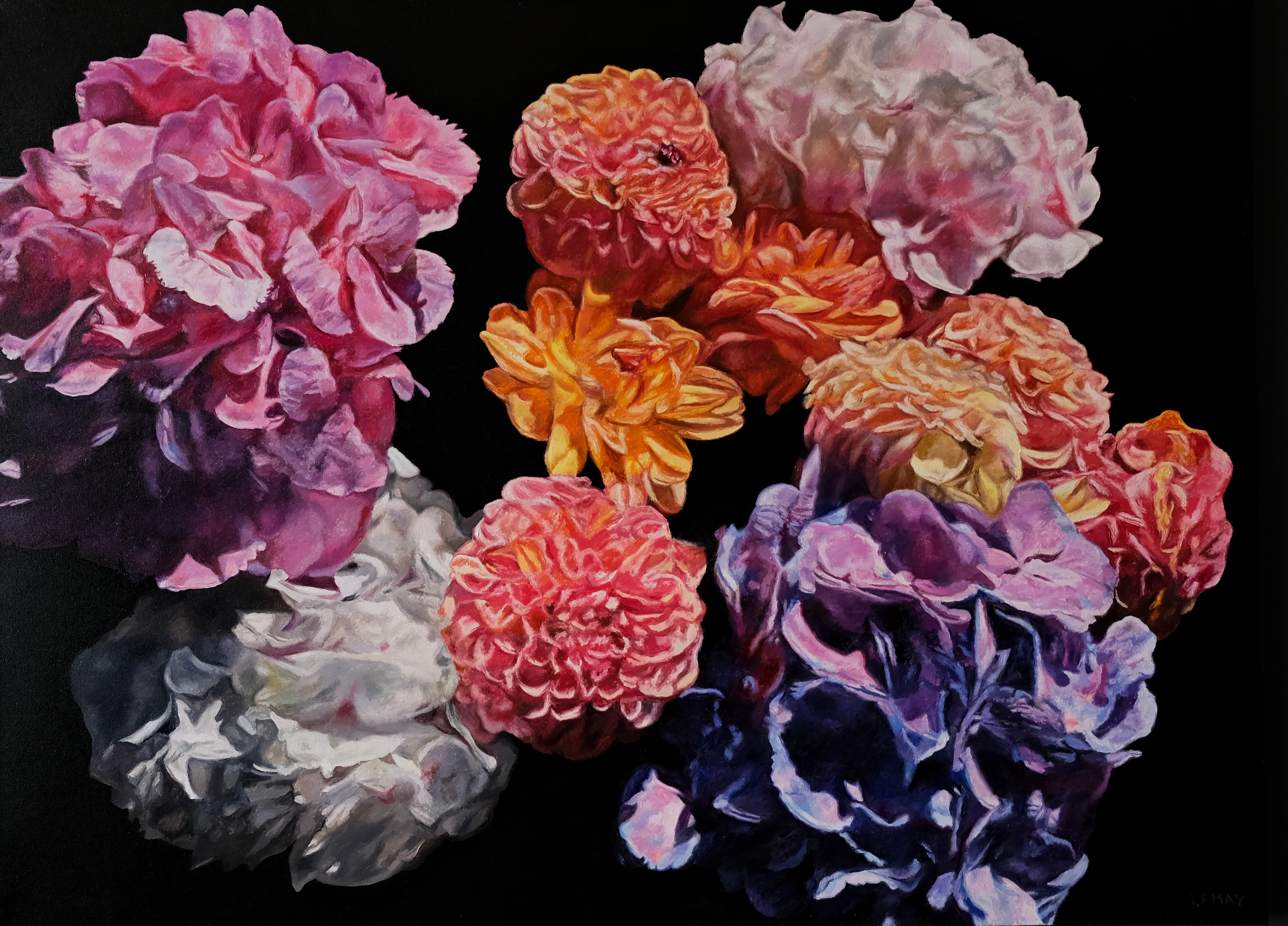 flowers, peonies, Rembrandt, oil paintings, Roses, realism, Hydrangeas