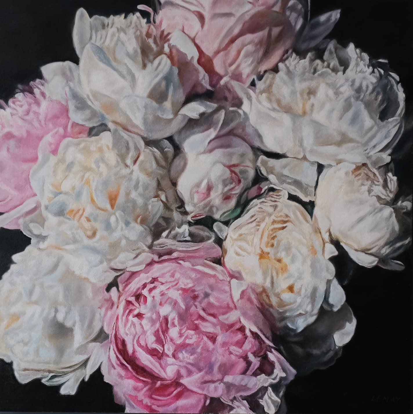 flowers, peonies, Rembrandt, oil paintings, Roses, realism, pink
