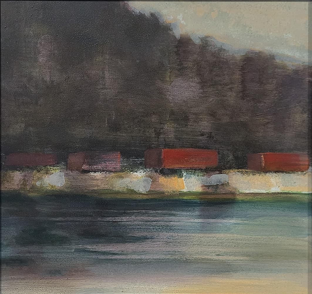 Calgary, Park, Inner City, pastel, oils, train, mountains, river, tracks