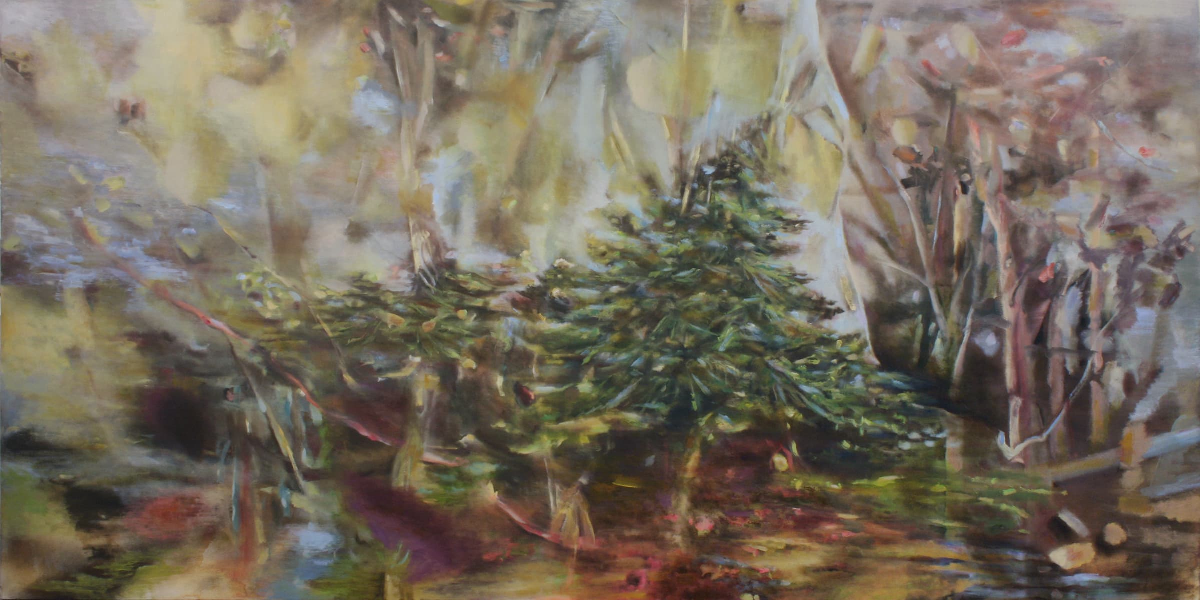 ethereal, dream-like, fantasy, landscape, floral, peonies, garden, night, evergreen, spruce