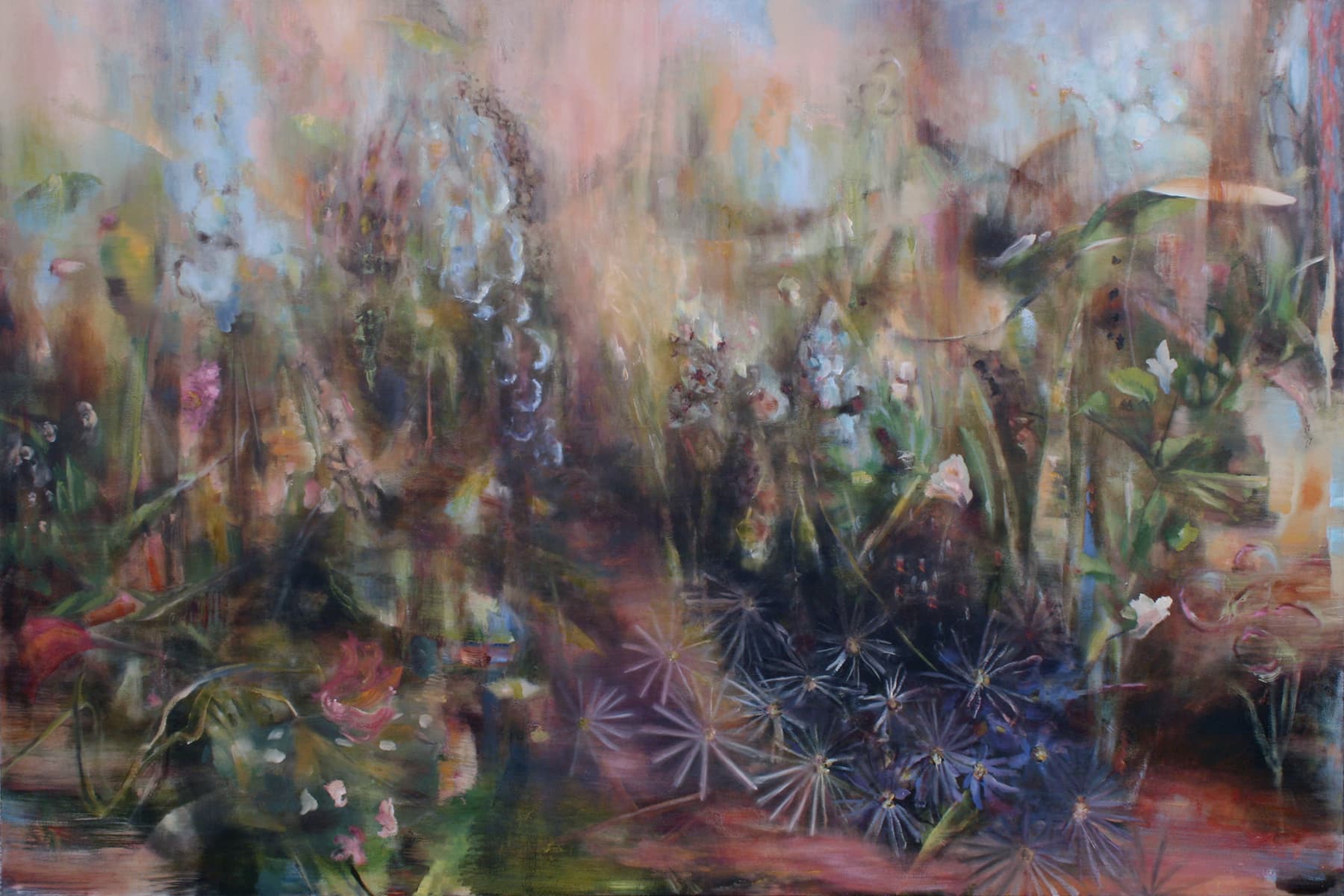 ethereal, dream-like, fantasy, landscape, floral, peonies, garden, night, path