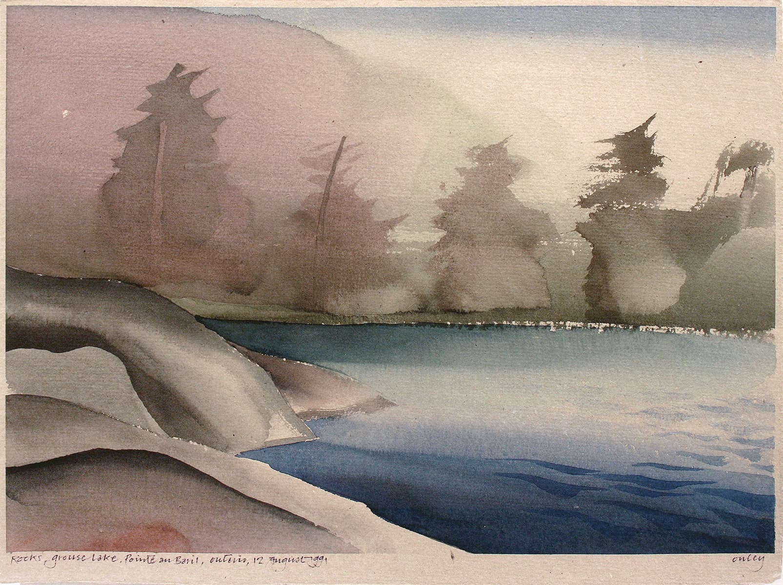 Rocky, trees, shore, beach, watercolor