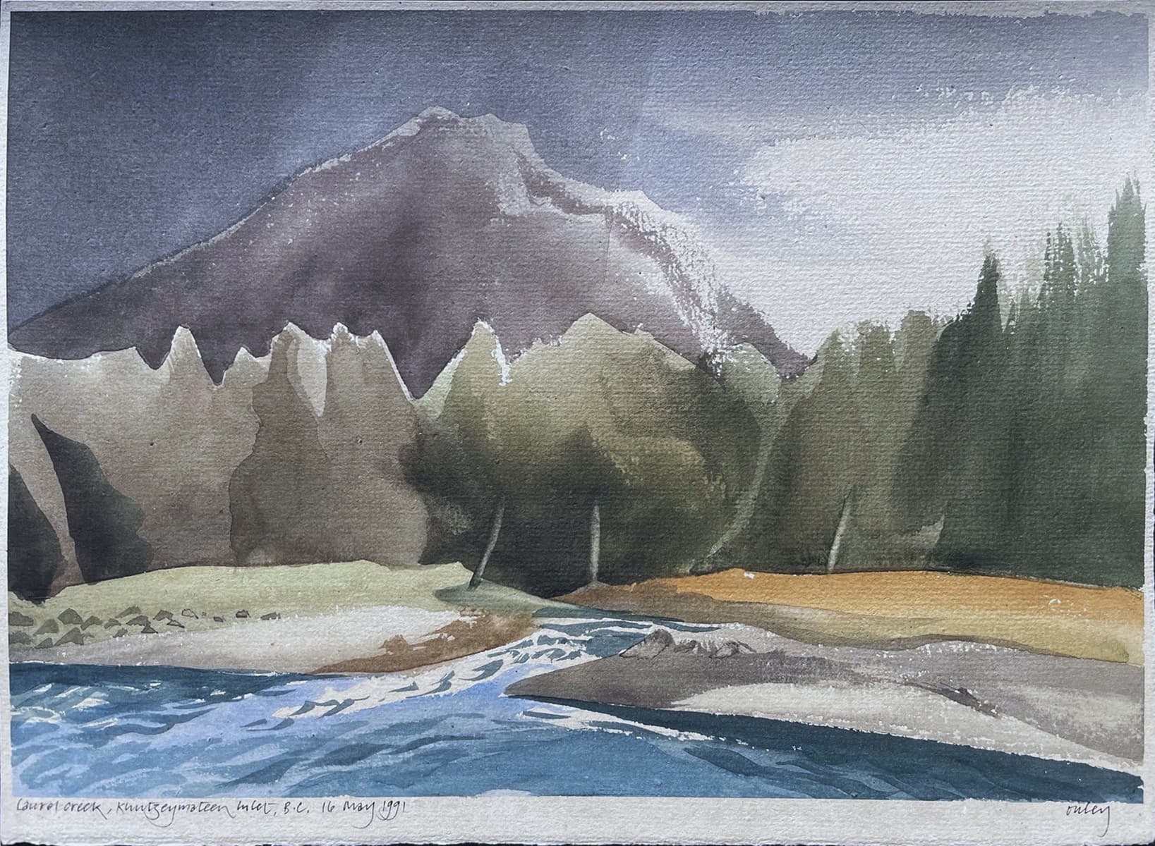 trees, shore, water, creek, inlet, watercolor