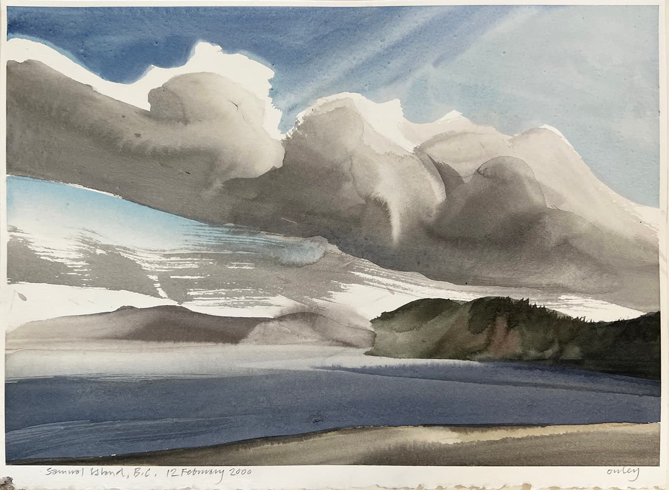 rocks, watercolour, British Columbia, Isle of Man, Canadian, islands, coastal, trees, inlet, water, solitude, Plein Air, Clouds