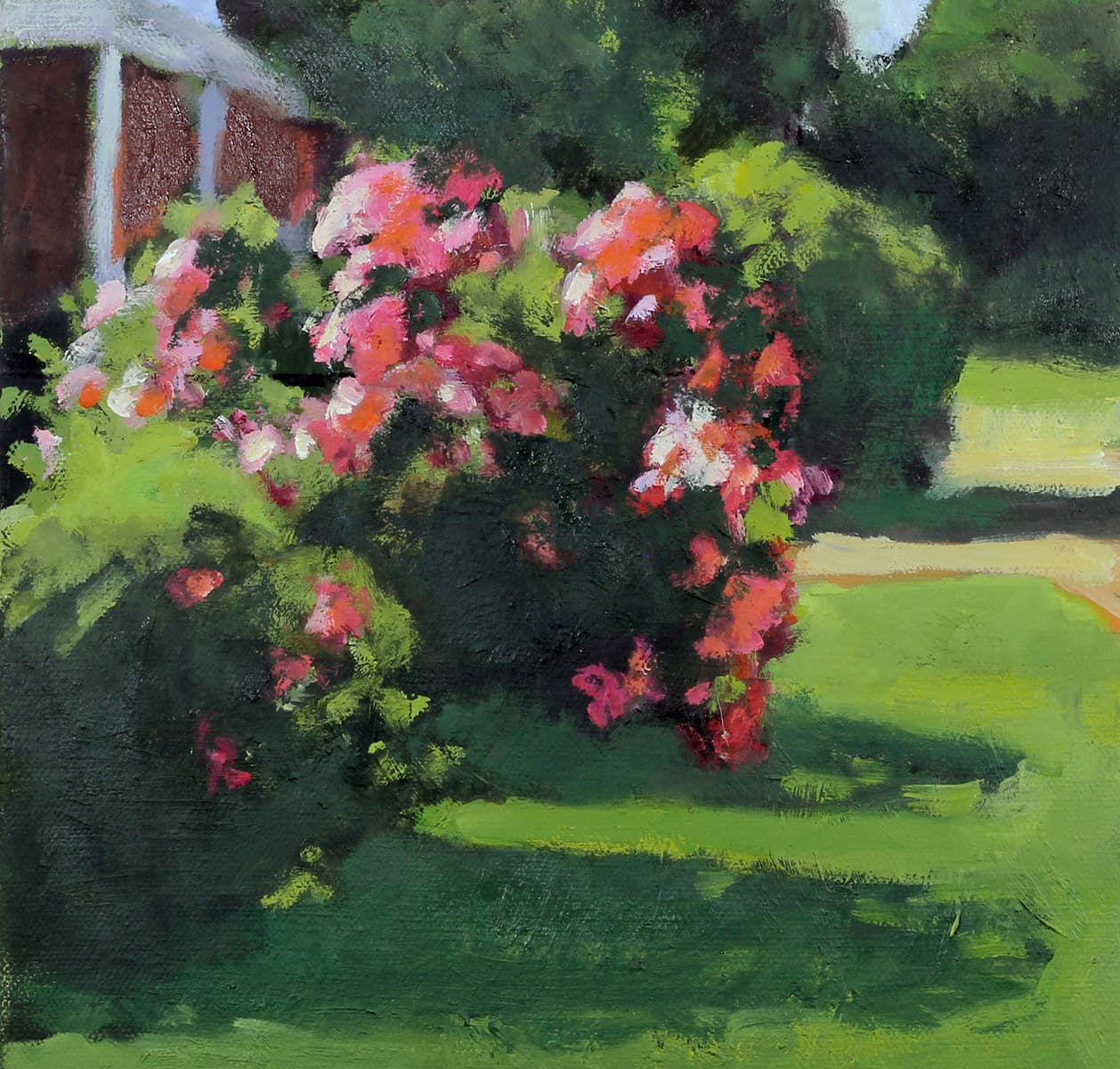 house, country setting, nostalgia, oil paint, hedge, rose