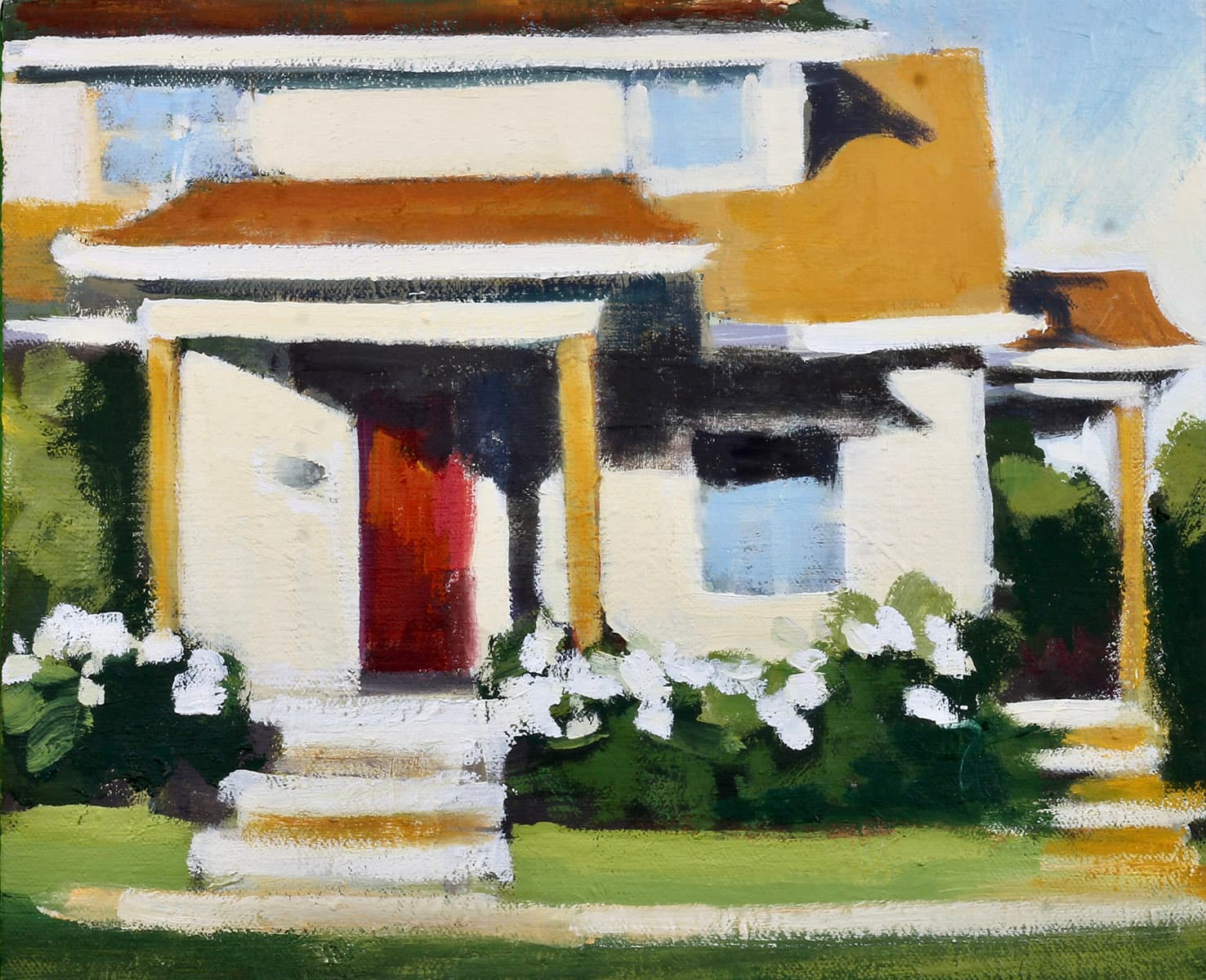 house, country setting, nostalgia, oil paint, hedge, rose, country living, impressionism