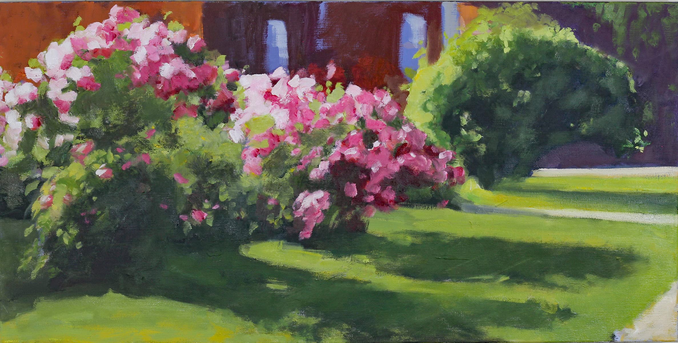 house, country setting, nostalgia, oil paint, hedge, rose, country living, impressionism, summer, trees