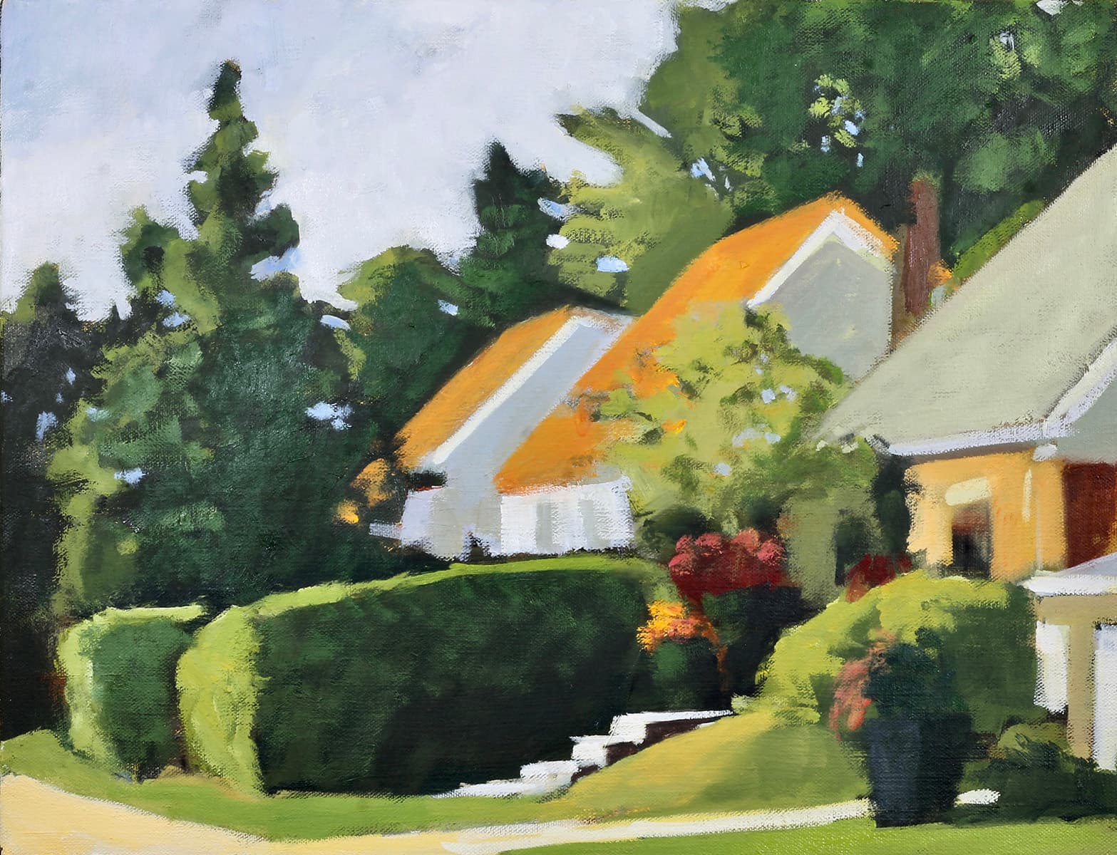 house, country setting, nostalgia, oil paint, hedge, rose, country living, impressionism, summer, trees