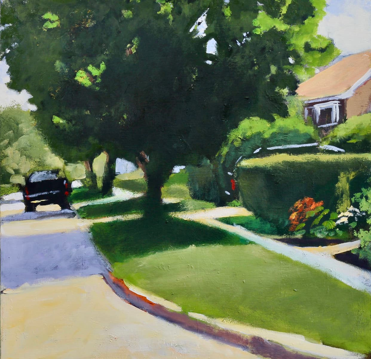 house, country setting, nostalgia, oil paint, hedge, rose, country living, impressionism, summer, trees