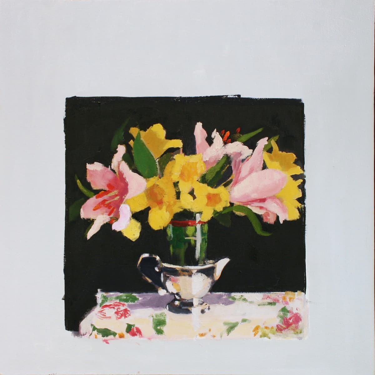bouquet, flowers, plein-air, in situ, silver, container, still life, sunflowers, small, cluster four