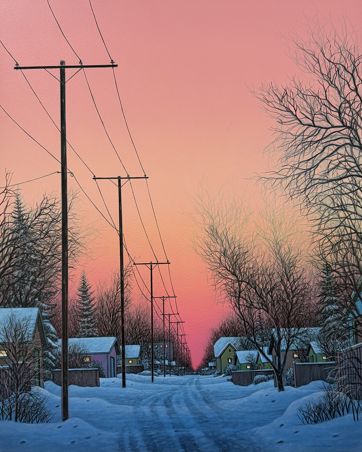 night scene, nocturne, sunset, glow, alley, pink light, glow