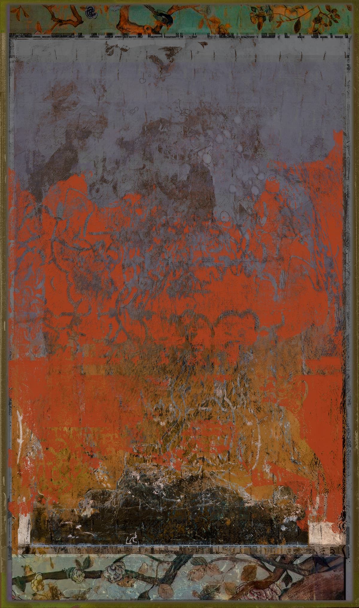 abstraction, mixed media, work on paper, artwork, Canadian artist, fire, red, layered