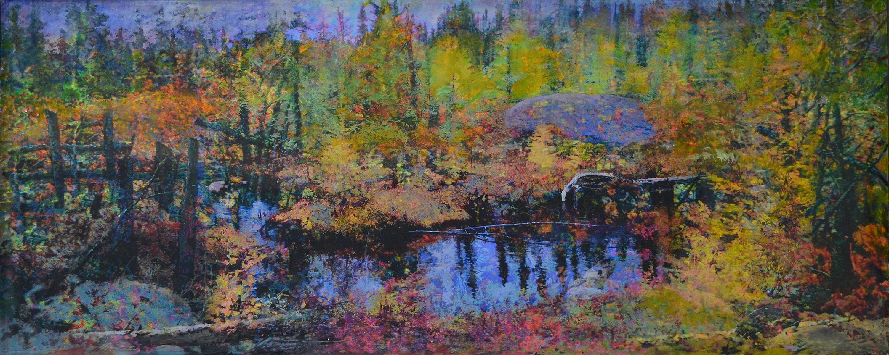 An acrylic multi media fall forest by river landscape on canvas and wood panel painted vibrant greens, blues, purples, reds, yellows and oranges.