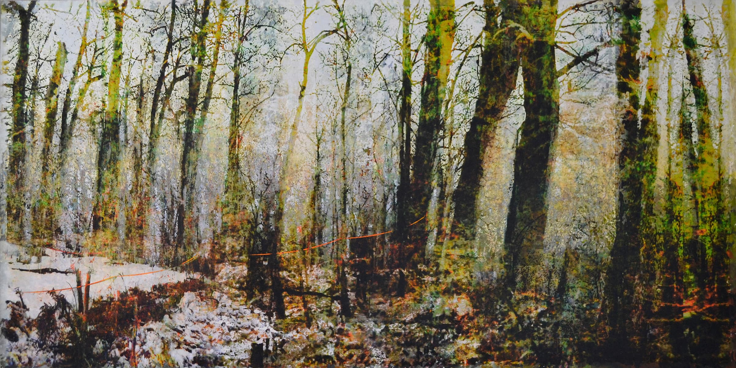 An acrylic multi media landscape on canvas and wood panel painted trees in vibrant greens and browns with a hint of orange