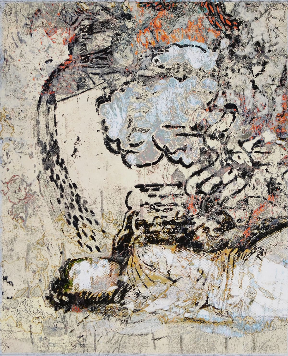 abstraction, mixed media, work on paper, artwork, Canadian artist, gray, blue, orange, yellow, subtle, woman, asian
